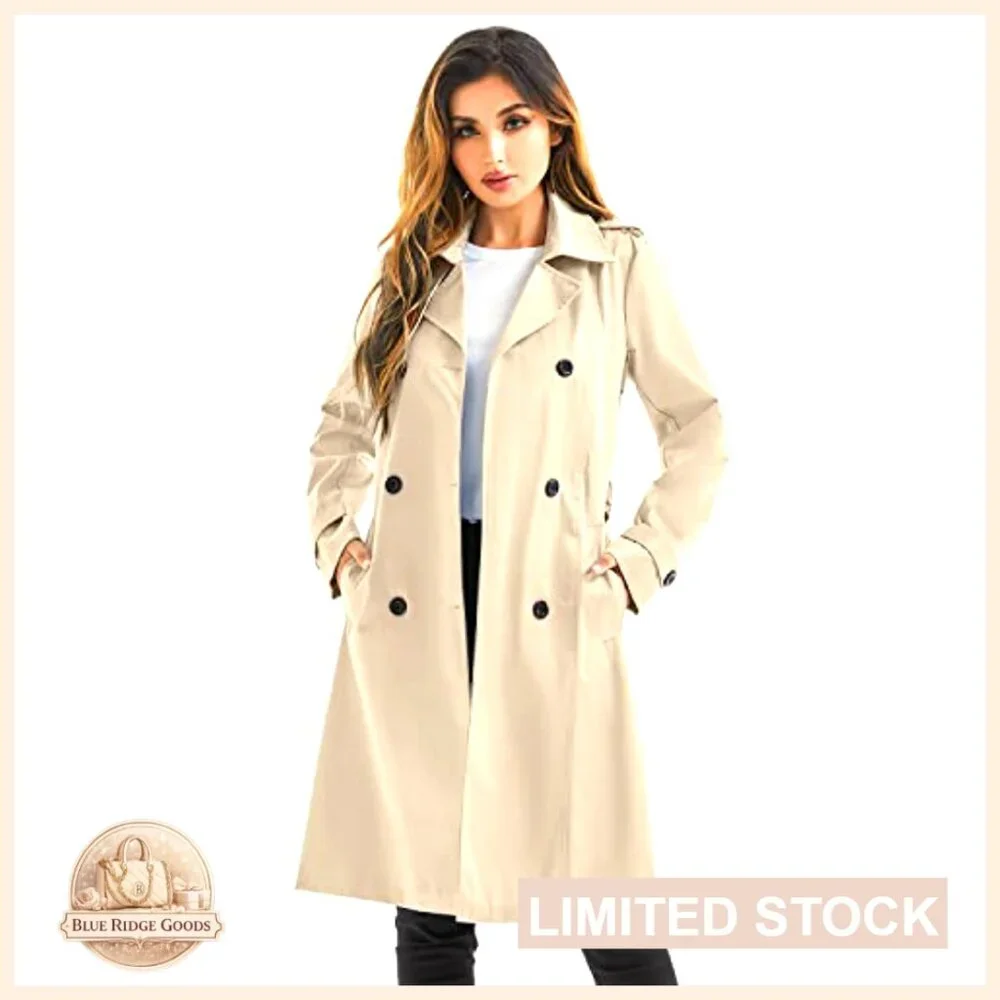 Classic Long Trench Coat Waterproof Windbreaker Double Breasted Belted - Picture 5 of 6